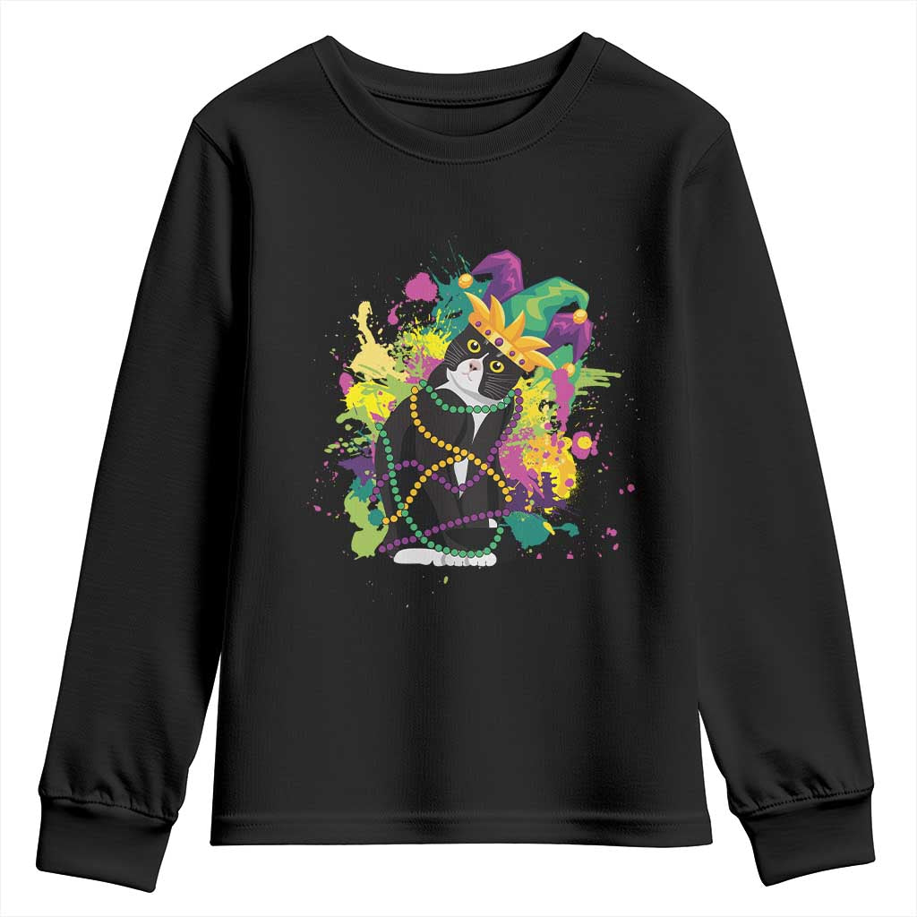 Mardi Gras Funny Tuxedo Cat Meme Beads Youth Sweatshirt TS09 Black Print Your Wear