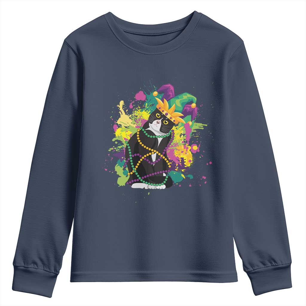 Mardi Gras Funny Tuxedo Cat Meme Beads Youth Sweatshirt TS09 Navy Print Your Wear