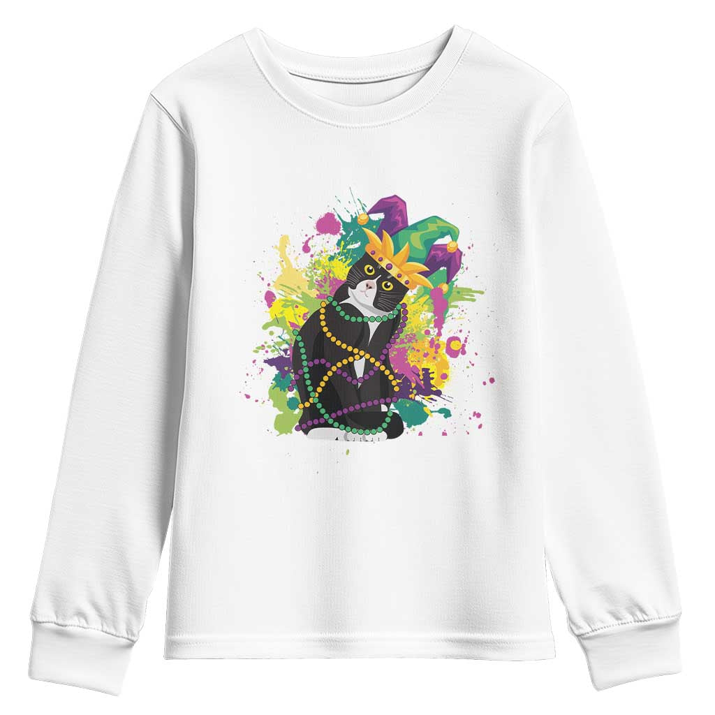Mardi Gras Funny Tuxedo Cat Meme Beads Youth Sweatshirt TS09 White Print Your Wear