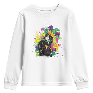 Mardi Gras Funny Tuxedo Cat Meme Beads Youth Sweatshirt TS09 White Print Your Wear