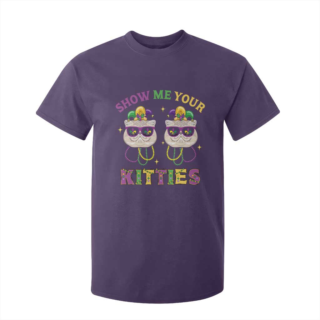 Mardi Gras T Shirt For Kid Show Me Your Kitties Cute Cat Masked Jester Hat Bead TS09 Purple Print Your Wear