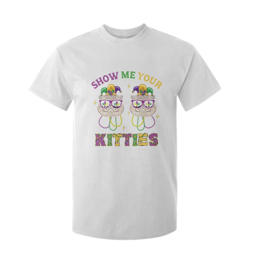 Mardi Gras T Shirt For Kid Show Me Your Kitties Cute Cat Masked Jester Hat Bead TS09 White Print Your Wear