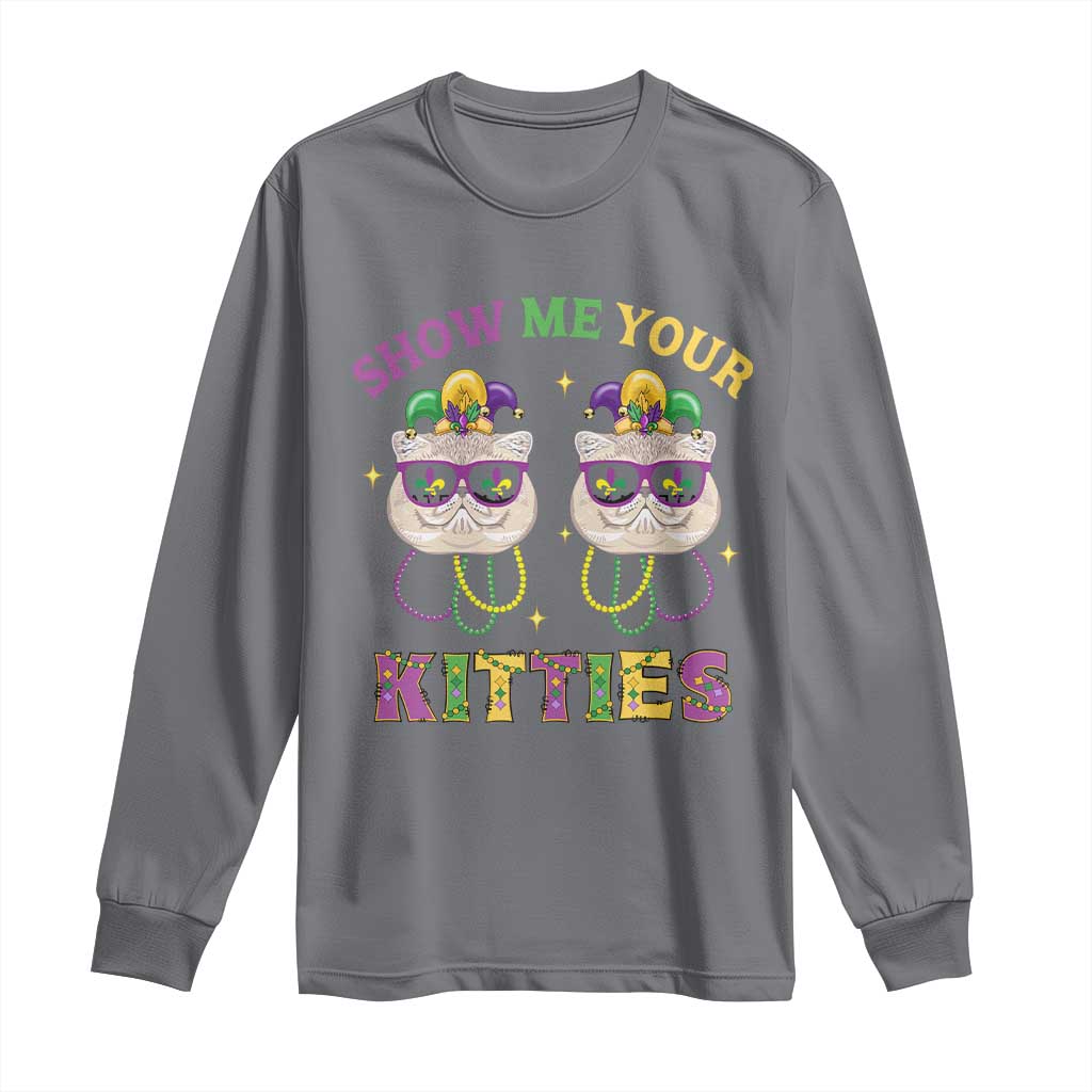 Mardi Gras Long Sleeve Shirt Show Me Your Kitties Cute Cat Masked Jester Hat Bead TS09 Charcoal Print Your Wear