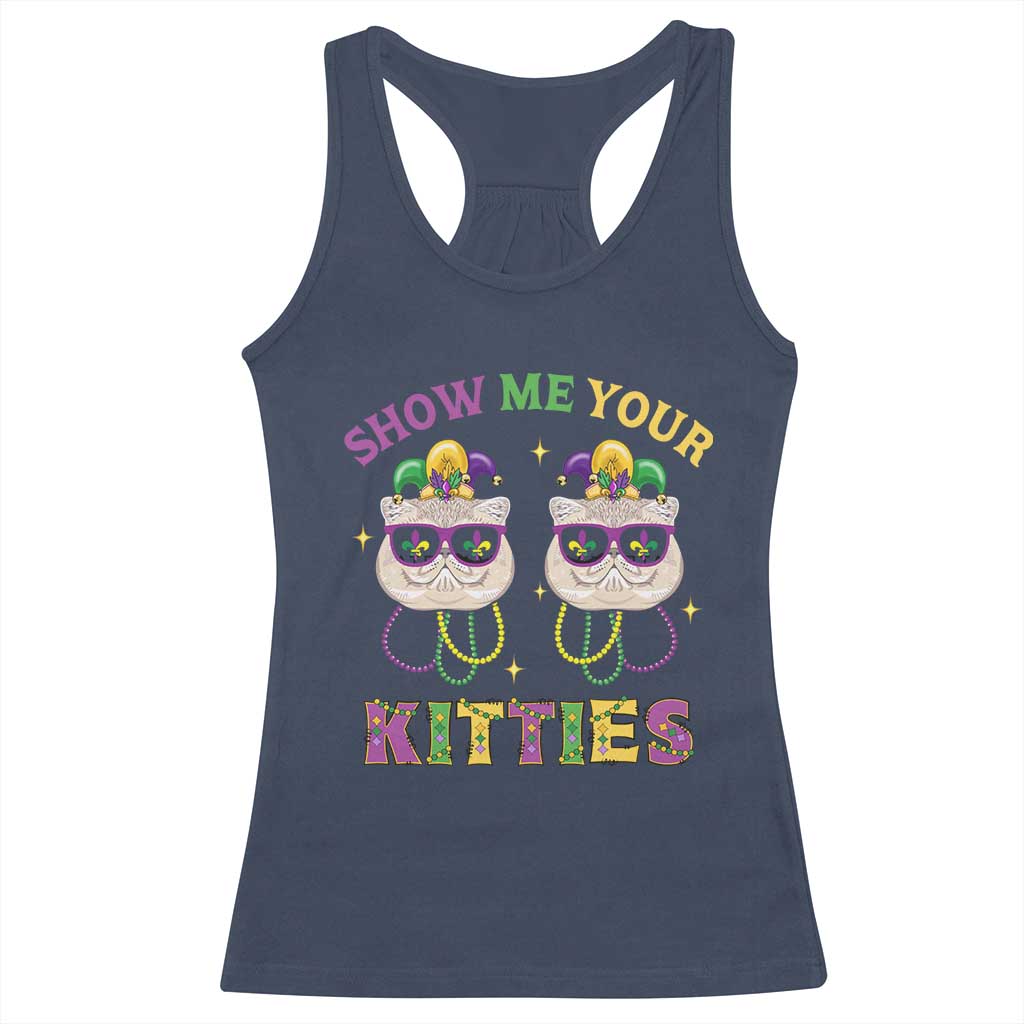 Mardi Gras Racerback Tank Top Show Me Your Kitties Cute Cat Masked Jester Hat Bead TS09 Navy Print Your Wear