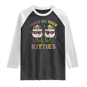 Mardi Gras Raglan Shirt Show Me Your Kitties Cute Cat Masked Jester Hat Bead TS09 Black White Print Your Wear
