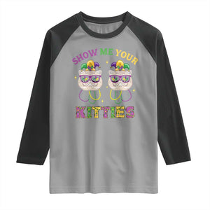 Mardi Gras Raglan Shirt Show Me Your Kitties Cute Cat Masked Jester Hat Bead TS09 Sport Gray Black Print Your Wear