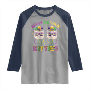 Mardi Gras Raglan Shirt Show Me Your Kitties Cute Cat Masked Jester Hat Bead TS09 Sport Gray Navy Print Your Wear