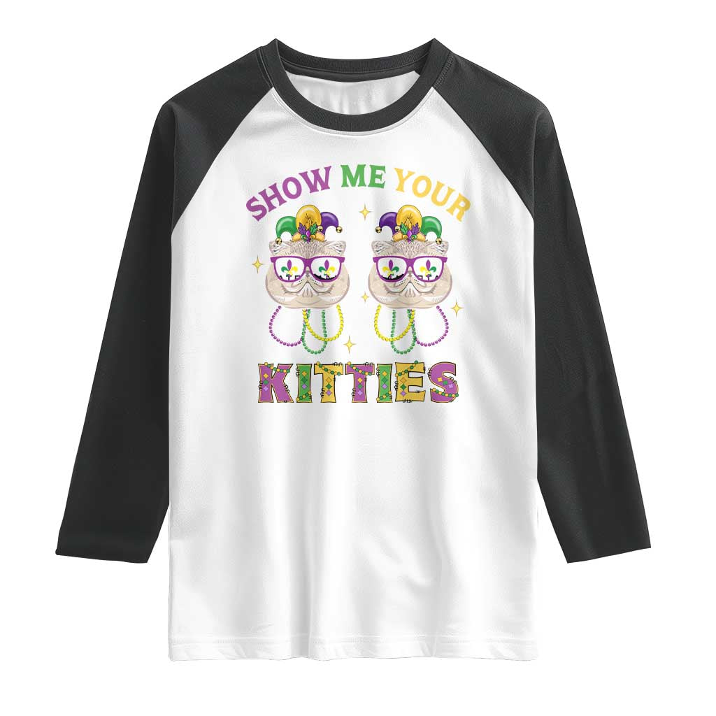 Mardi Gras Raglan Shirt Show Me Your Kitties Cute Cat Masked Jester Hat Bead TS09 White Black Print Your Wear
