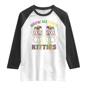 Mardi Gras Raglan Shirt Show Me Your Kitties Cute Cat Masked Jester Hat Bead TS09 White Black Print Your Wear