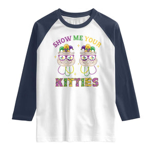 Mardi Gras Raglan Shirt Show Me Your Kitties Cute Cat Masked Jester Hat Bead TS09 White Navy Print Your Wear