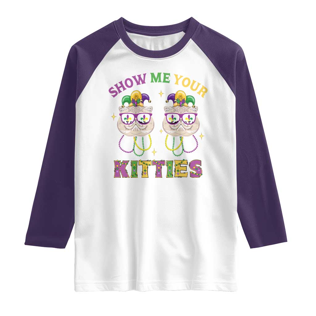 Mardi Gras Raglan Shirt Show Me Your Kitties Cute Cat Masked Jester Hat Bead TS09 White Purple Print Your Wear