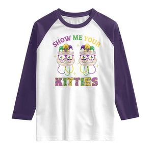 Mardi Gras Raglan Shirt Show Me Your Kitties Cute Cat Masked Jester Hat Bead TS09 White Purple Print Your Wear