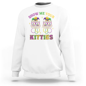 Mardi Gras Sweatshirt Show Me Your Kitties Cute Cat Masked Jester Hat Bead TS09 White Printyourwear