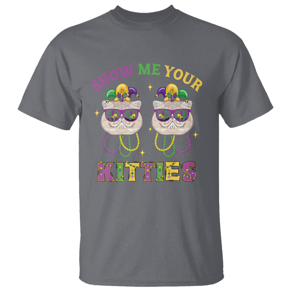 Mardi Gras T Shirt Show Me Your Kitties Cute Cat Masked Jester Hat Bead TS09 Charcoal Printyourwear