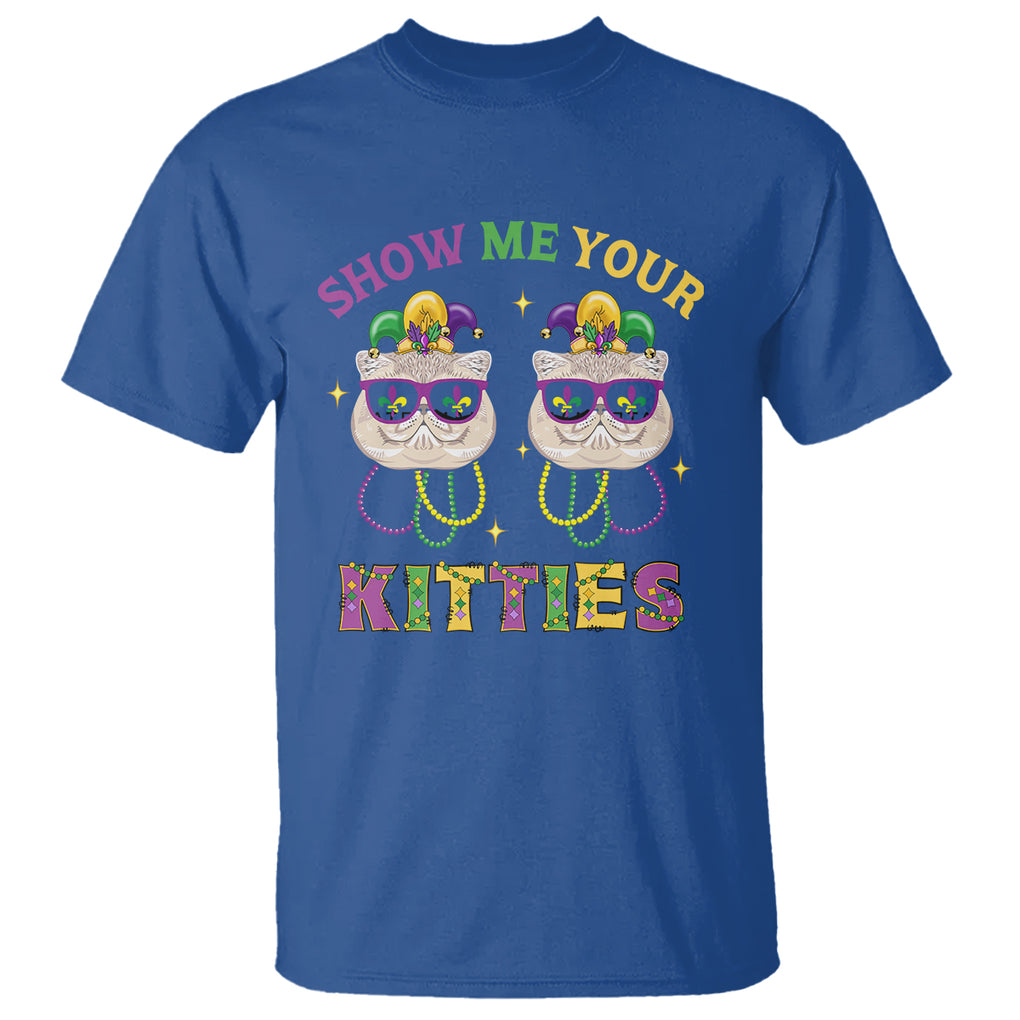 Mardi Gras T Shirt Show Me Your Kitties Cute Cat Masked Jester Hat Bead TS09 Royal Blue Printyourwear