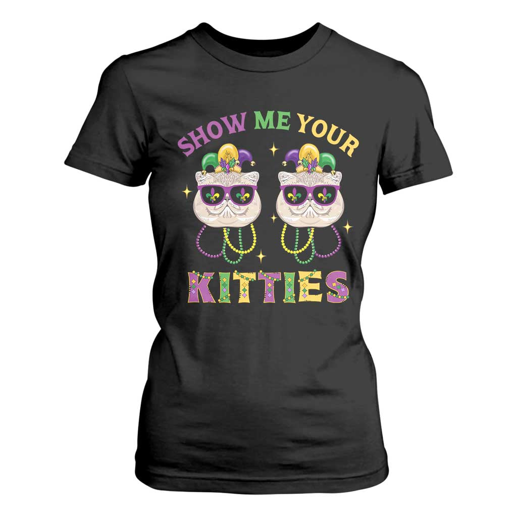 Mardi Gras T Shirt For Women Show Me Your Kitties Cute Cat Masked Jester Hat Bead TS09 Black Print Your Wear