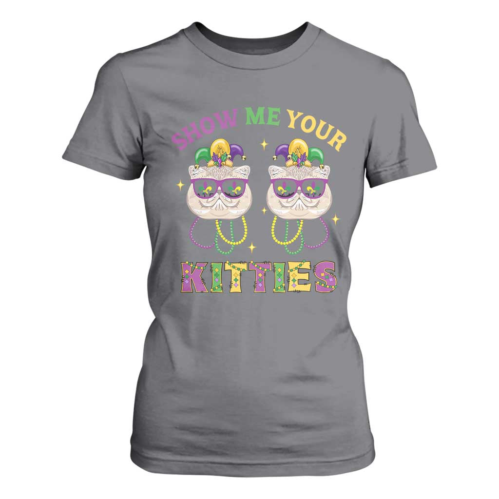 Mardi Gras T Shirt For Women Show Me Your Kitties Cute Cat Masked Jester Hat Bead TS09 Charcoal Print Your Wear