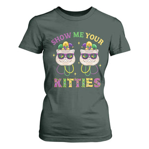 Mardi Gras T Shirt For Women Show Me Your Kitties Cute Cat Masked Jester Hat Bead TS09 Dark Forest Green Print Your Wear