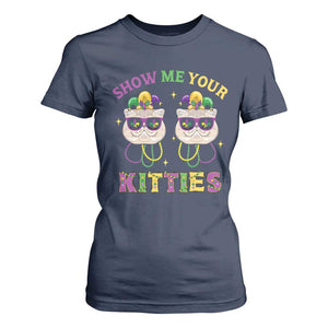 Mardi Gras T Shirt For Women Show Me Your Kitties Cute Cat Masked Jester Hat Bead TS09 Navy Print Your Wear