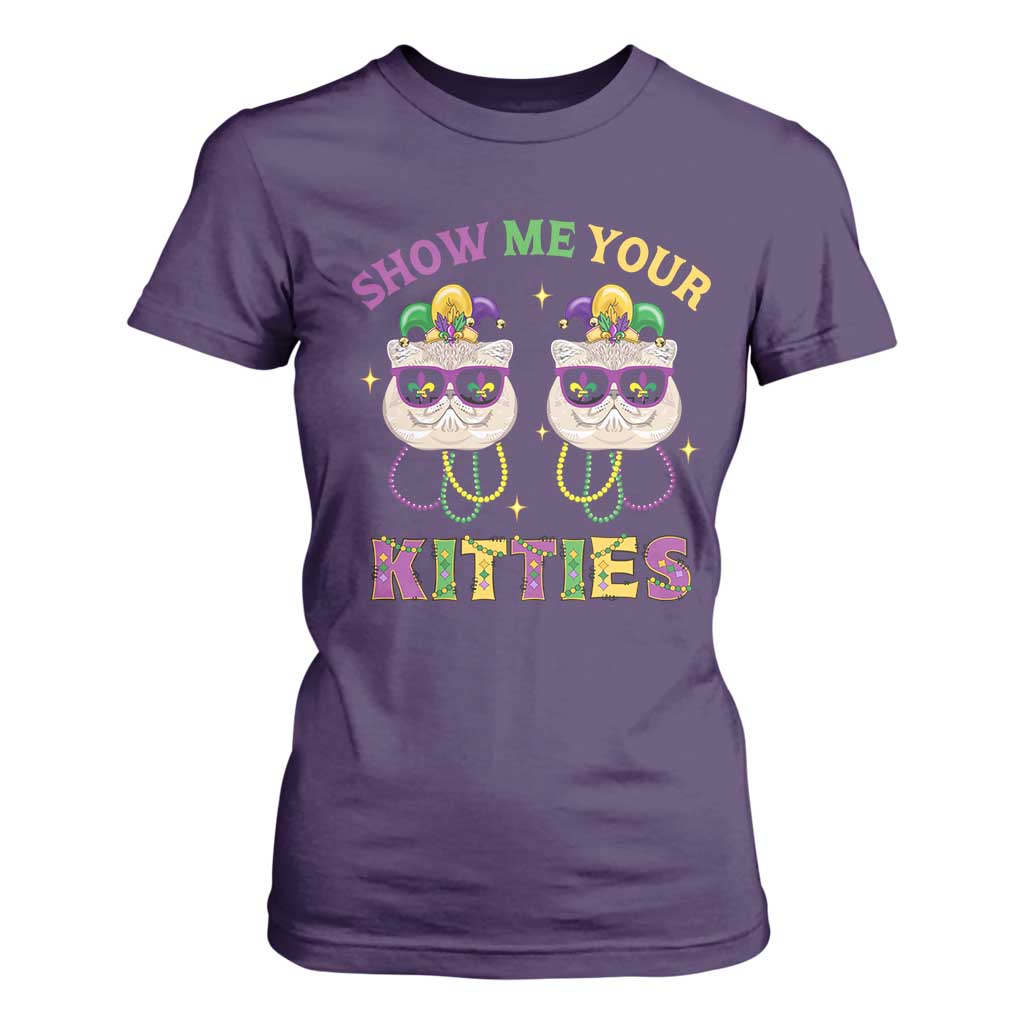 Mardi Gras T Shirt For Women Show Me Your Kitties Cute Cat Masked Jester Hat Bead TS09 Purple Print Your Wear