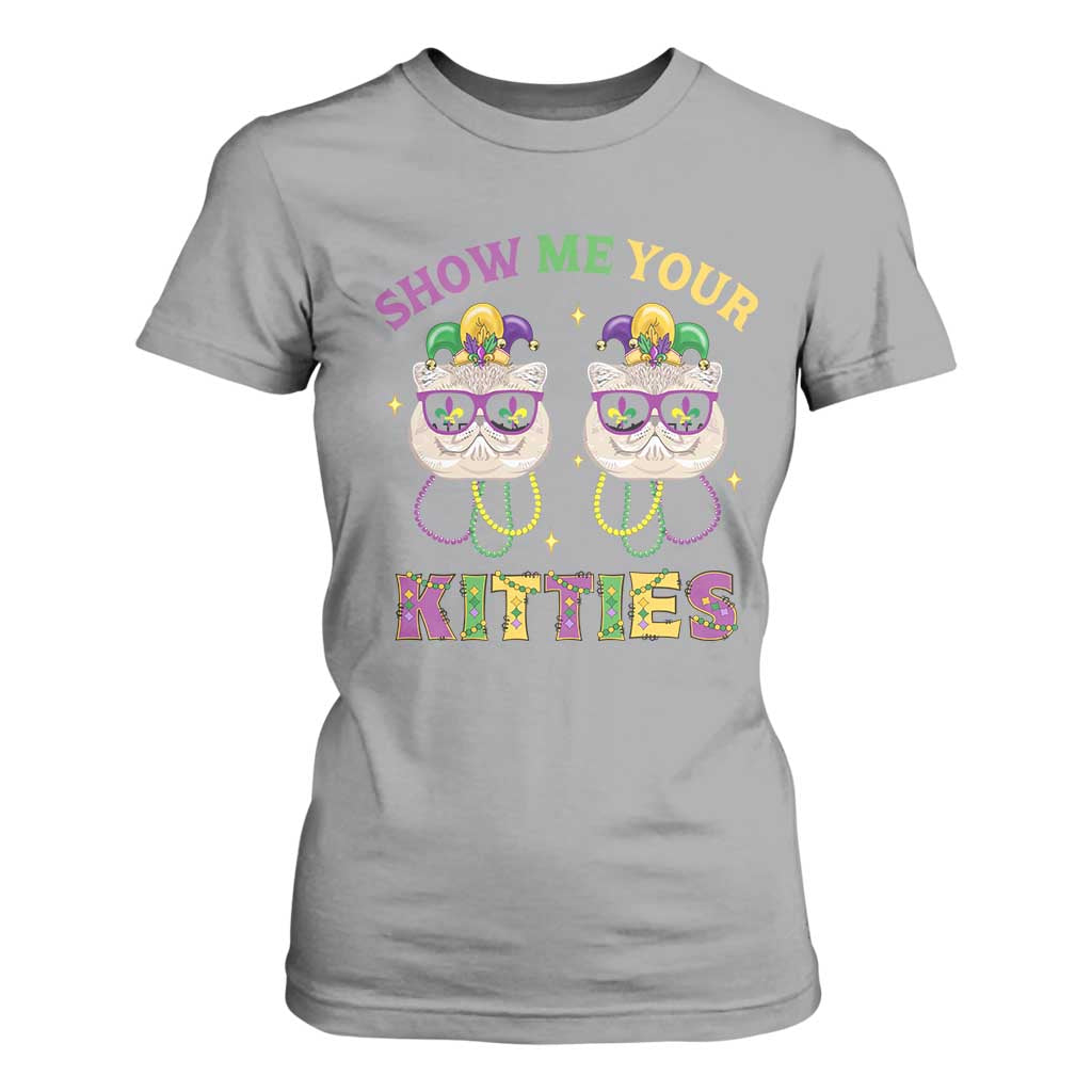 Mardi Gras T Shirt For Women Show Me Your Kitties Cute Cat Masked Jester Hat Bead TS09 Sport Gray Print Your Wear