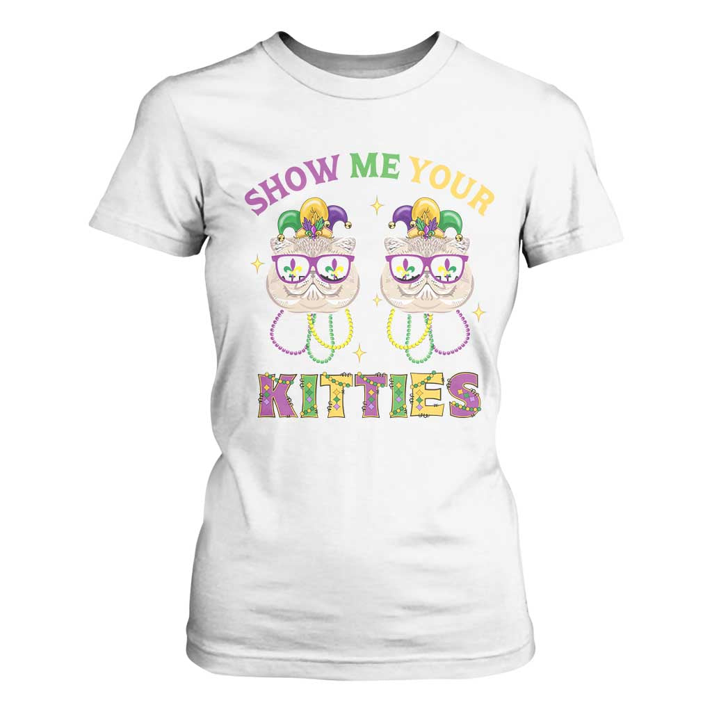 Mardi Gras T Shirt For Women Show Me Your Kitties Cute Cat Masked Jester Hat Bead TS09 White Print Your Wear