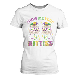 Mardi Gras T Shirt For Women Show Me Your Kitties Cute Cat Masked Jester Hat Bead TS09 White Print Your Wear