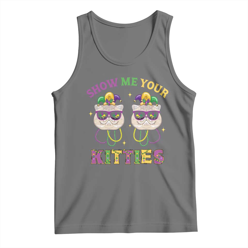 Mardi Gras Tank Top Show Me Your Kitties Cute Cat Masked Jester Hat Bead TS09 Black Heather Print Your Wear