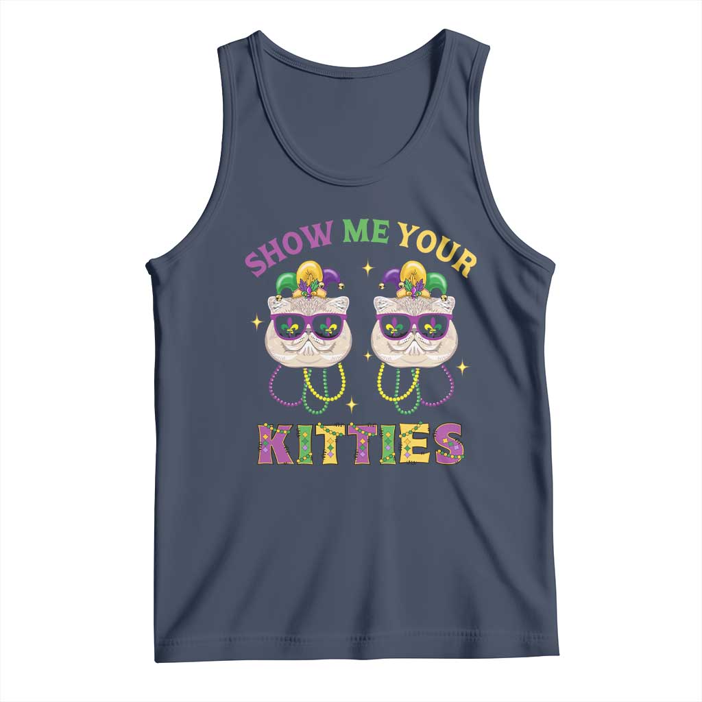Mardi Gras Tank Top Show Me Your Kitties Cute Cat Masked Jester Hat Bead TS09 Navy Print Your Wear