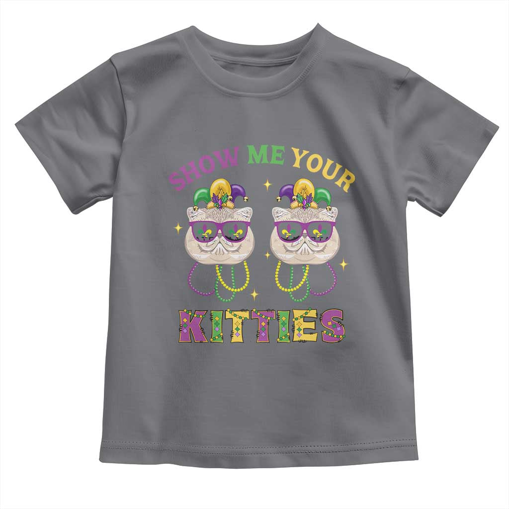 Mardi Gras Toddler T Shirt Show Me Your Kitties Cute Cat Masked Jester Hat Bead TS09 Charcoal Print Your Wear