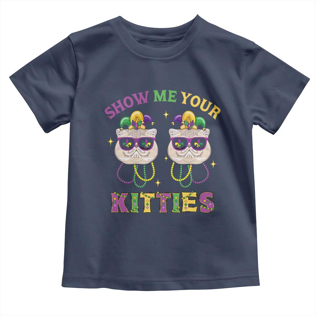 Mardi Gras Toddler T Shirt Show Me Your Kitties Cute Cat Masked Jester Hat Bead TS09 Navy Print Your Wear