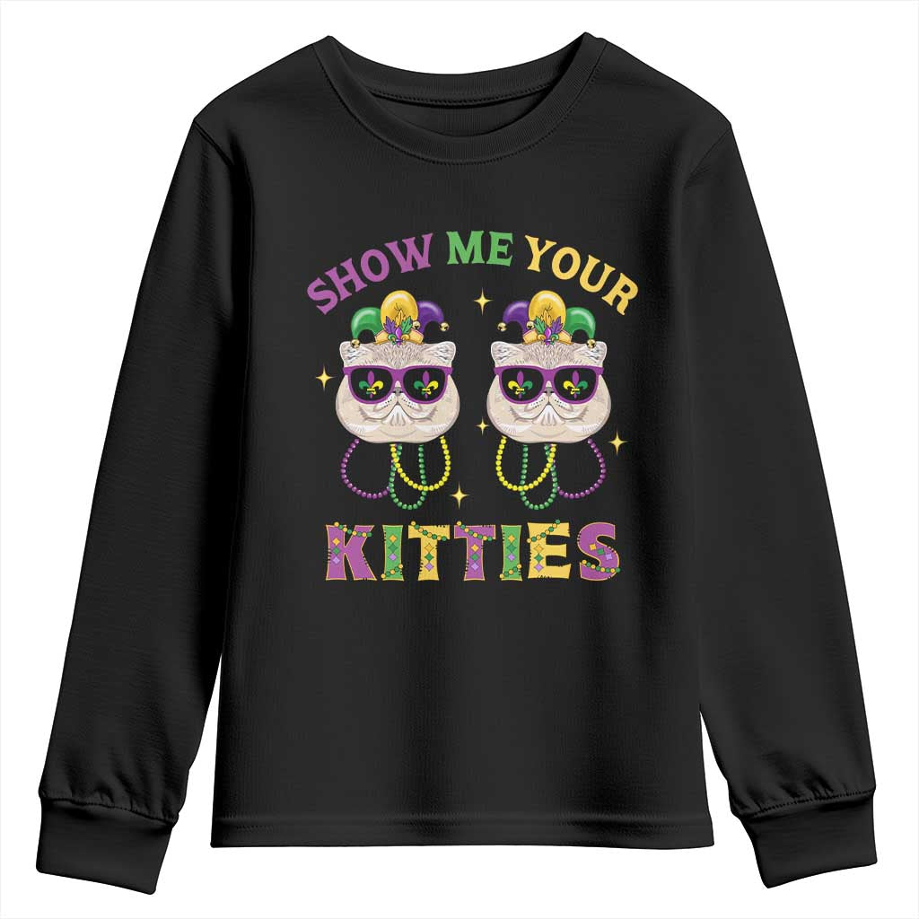 Mardi Gras Youth Sweatshirt Show Me Your Kitties Cute Cat Masked Jester Hat Bead TS09 Black Print Your Wear