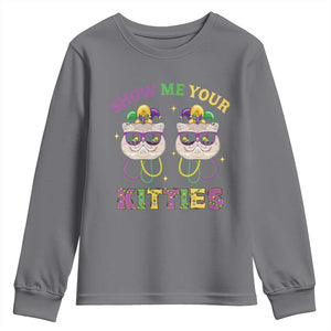 Mardi Gras Youth Sweatshirt Show Me Your Kitties Cute Cat Masked Jester Hat Bead TS09 Charcoal Print Your Wear