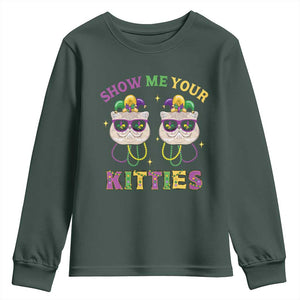 Mardi Gras Youth Sweatshirt Show Me Your Kitties Cute Cat Masked Jester Hat Bead TS09 Dark Forest Green Print Your Wear