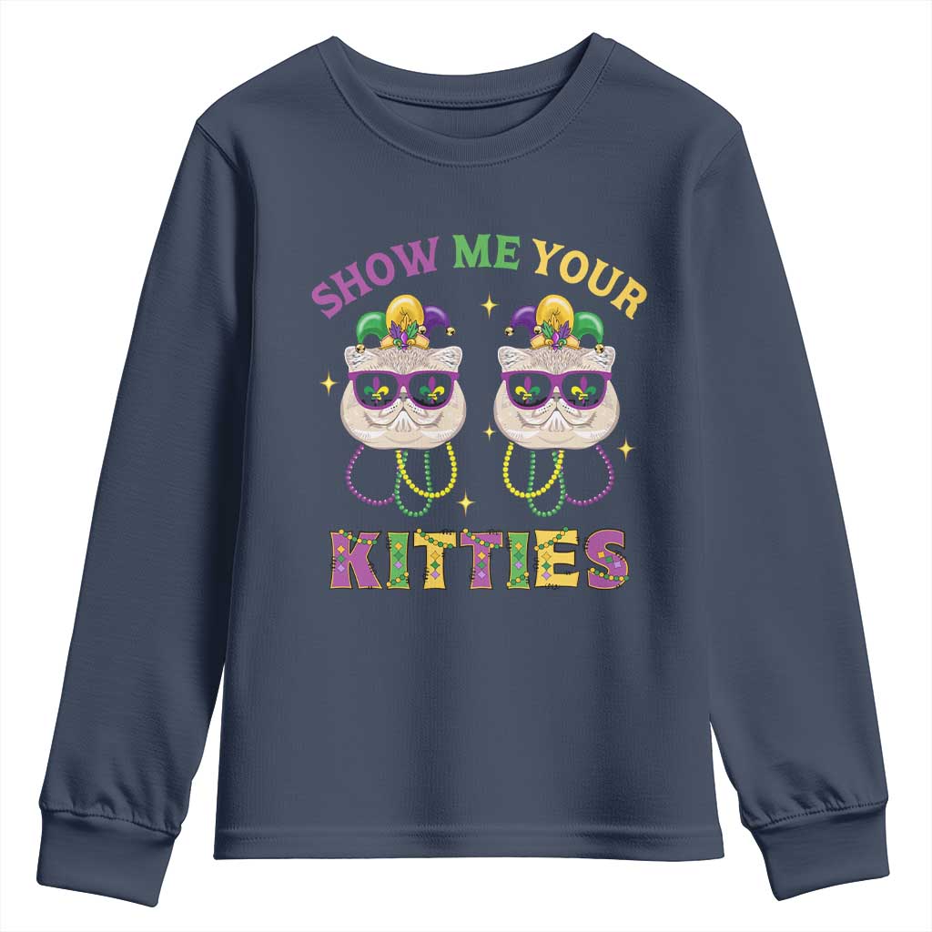 Mardi Gras Youth Sweatshirt Show Me Your Kitties Cute Cat Masked Jester Hat Bead TS09 Navy Print Your Wear