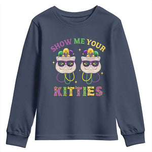 Mardi Gras Youth Sweatshirt Show Me Your Kitties Cute Cat Masked Jester Hat Bead TS09 Navy Print Your Wear