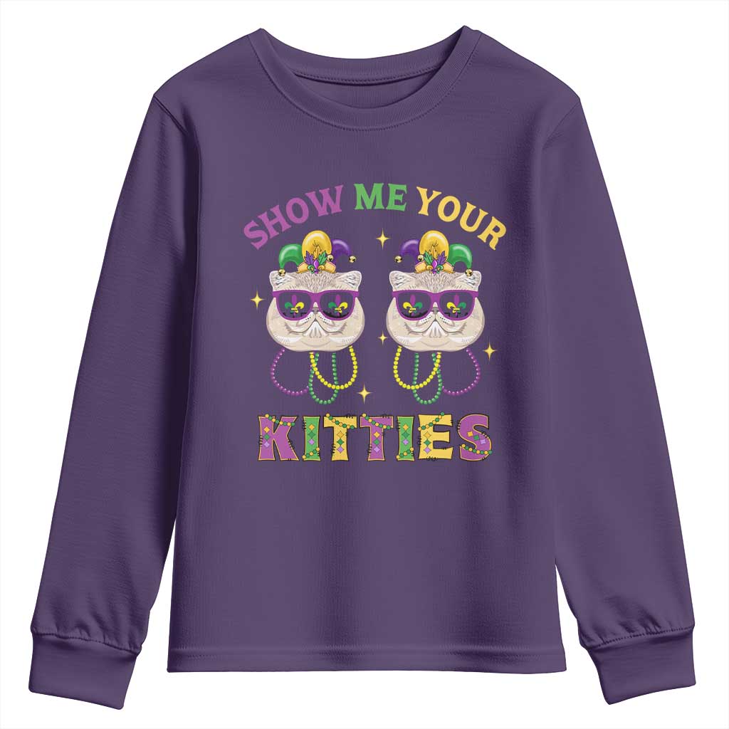 Mardi Gras Youth Sweatshirt Show Me Your Kitties Cute Cat Masked Jester Hat Bead TS09 Purple Print Your Wear