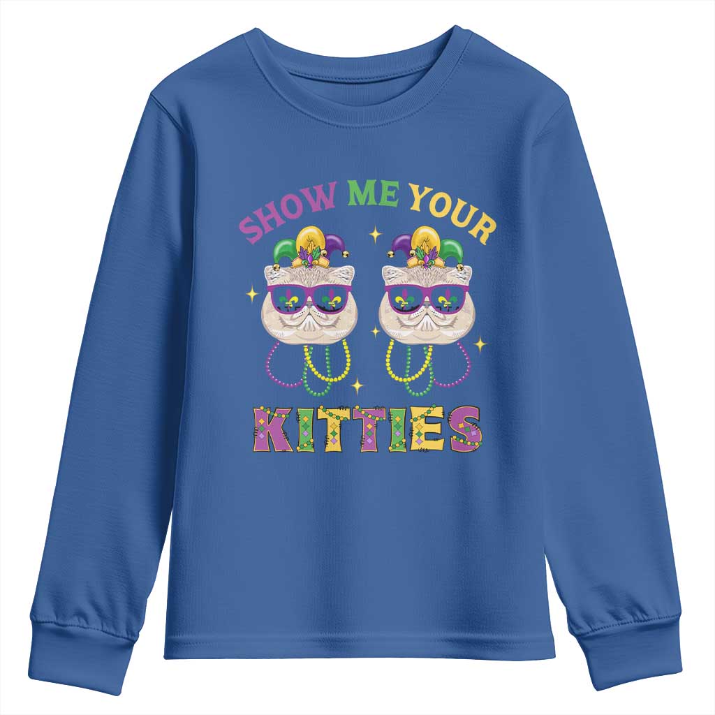 Mardi Gras Youth Sweatshirt Show Me Your Kitties Cute Cat Masked Jester Hat Bead TS09 Royal Blue Print Your Wear
