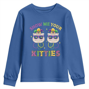Mardi Gras Youth Sweatshirt Show Me Your Kitties Cute Cat Masked Jester Hat Bead TS09 Royal Blue Print Your Wear