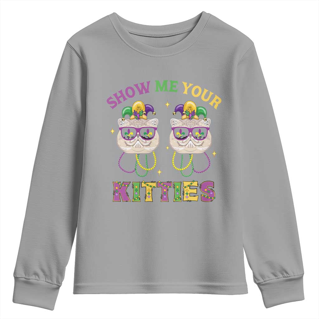 Mardi Gras Youth Sweatshirt Show Me Your Kitties Cute Cat Masked Jester Hat Bead TS09 Sport Gray Print Your Wear