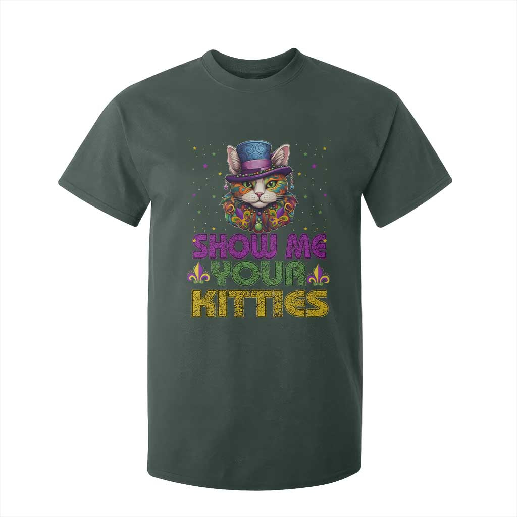 Mardi Gras T Shirt For Kid Show Me Your Kitties Cool Cat Jester Hat Bead TS09 Dark Forest Green Print Your Wear
