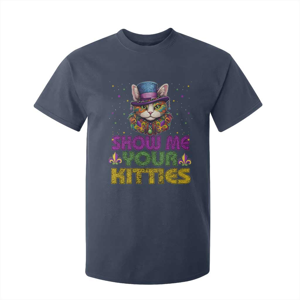 Mardi Gras T Shirt For Kid Show Me Your Kitties Cool Cat Jester Hat Bead TS09 Navy Print Your Wear