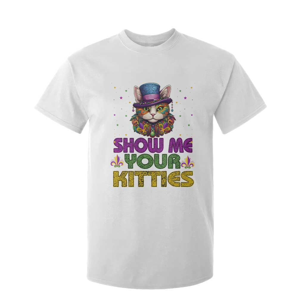 Mardi Gras T Shirt For Kid Show Me Your Kitties Cool Cat Jester Hat Bead TS09 White Print Your Wear