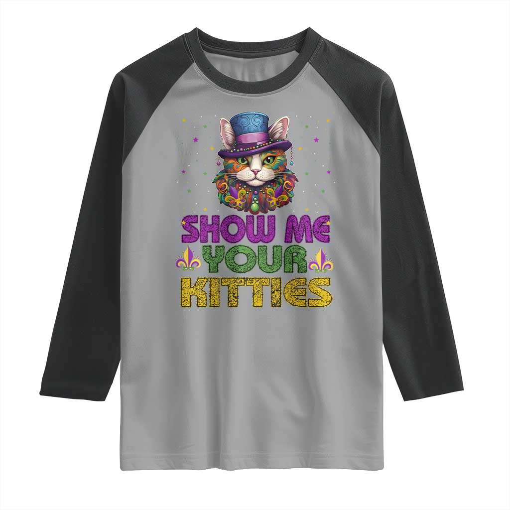 Mardi Gras Raglan Shirt Show Me Your Kitties Cool Cat Jester Hat Bead TS09 Sport Gray Black Print Your Wear