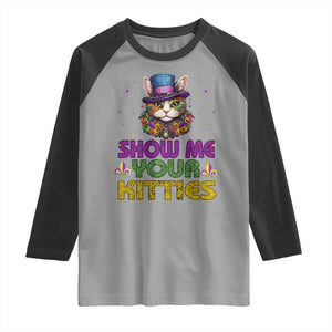 Mardi Gras Raglan Shirt Show Me Your Kitties Cool Cat Jester Hat Bead TS09 Sport Gray Black Print Your Wear