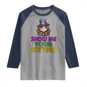 Mardi Gras Raglan Shirt Show Me Your Kitties Cool Cat Jester Hat Bead TS09 Sport Gray Navy Print Your Wear