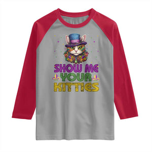 Mardi Gras Raglan Shirt Show Me Your Kitties Cool Cat Jester Hat Bead TS09 Sport Gray Red Print Your Wear