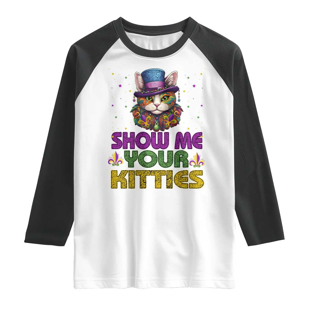 Mardi Gras Raglan Shirt Show Me Your Kitties Cool Cat Jester Hat Bead TS09 White Black Print Your Wear