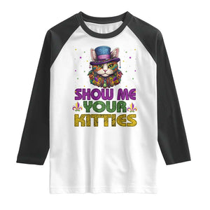 Mardi Gras Raglan Shirt Show Me Your Kitties Cool Cat Jester Hat Bead TS09 White Black Print Your Wear