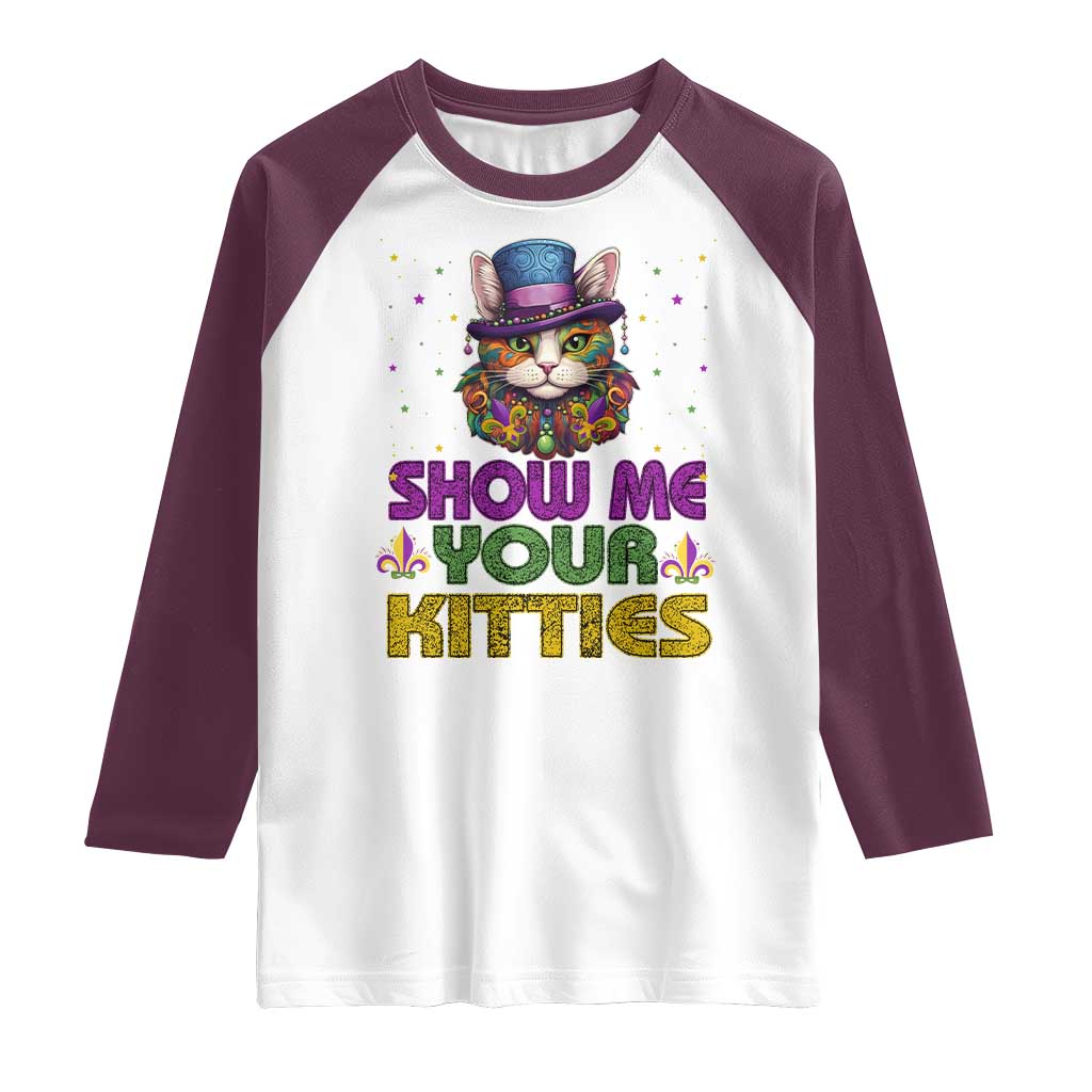 Mardi Gras Raglan Shirt Show Me Your Kitties Cool Cat Jester Hat Bead TS09 White Maroon Print Your Wear